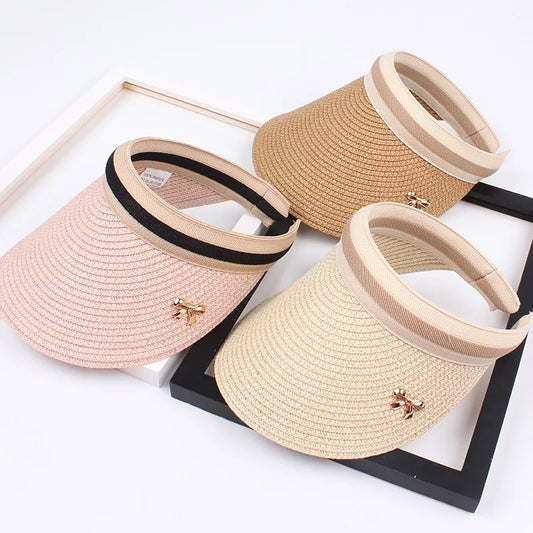 Adult Child Woman's Sun Visor Hats Female Bowknot Visor Caps Hand Made DIY Straw Summer Cap Casual Empty Top Hat Beach