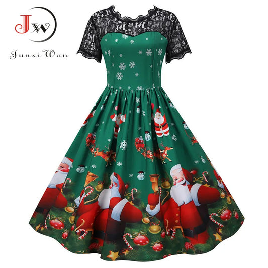 Lace Christmas Dress Women New Short Sleeve Print High Waist Elegant Vintage Winter Xmas Party Sundress 3XL Robe