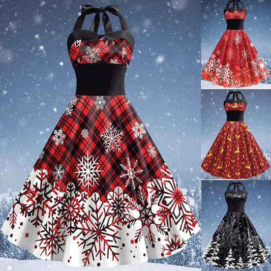 Red Christmas Snowflake Elk Print Halter Dresses for Women Sexy Backless Cocktail Party Dress 50s 60s Pin Up Rockabilly Dress