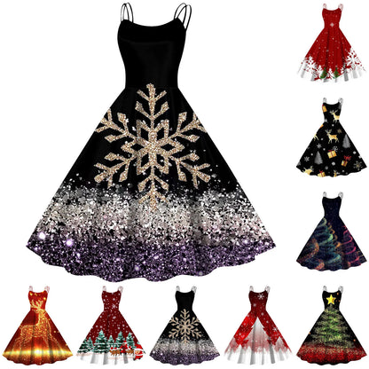 Women Christmas Print Vintage Dresses Slim Fit Sleeveless 1950s Evening Party Prom Dress Plus Size Evening Large Swing Dress