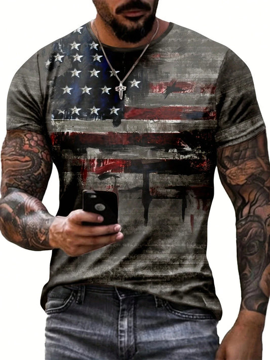 2024 American Independence Day T-Shirt Men Summer Casual T-Shirt With American Flag Print Round Neck Short Sleeve Street Clothes