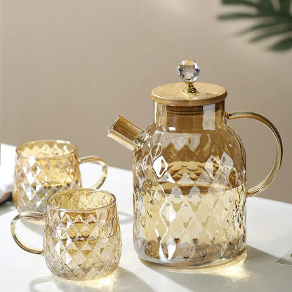 YWDL 1/1.5/1.8l Glass Teapot With Bamboo Lid Amber Color Diamond Cold Kettle Heat-Resisting Pot for Loose Leaf Fruit Scented Tea