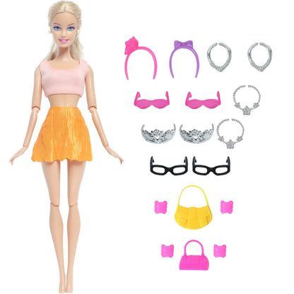 14 Pcs / Lot = 1x Fairy Tale Doll Dress + 13x Random Accessories Shoes Handbag Glasses Clothes for Barbie Doll Girl Baby Toys