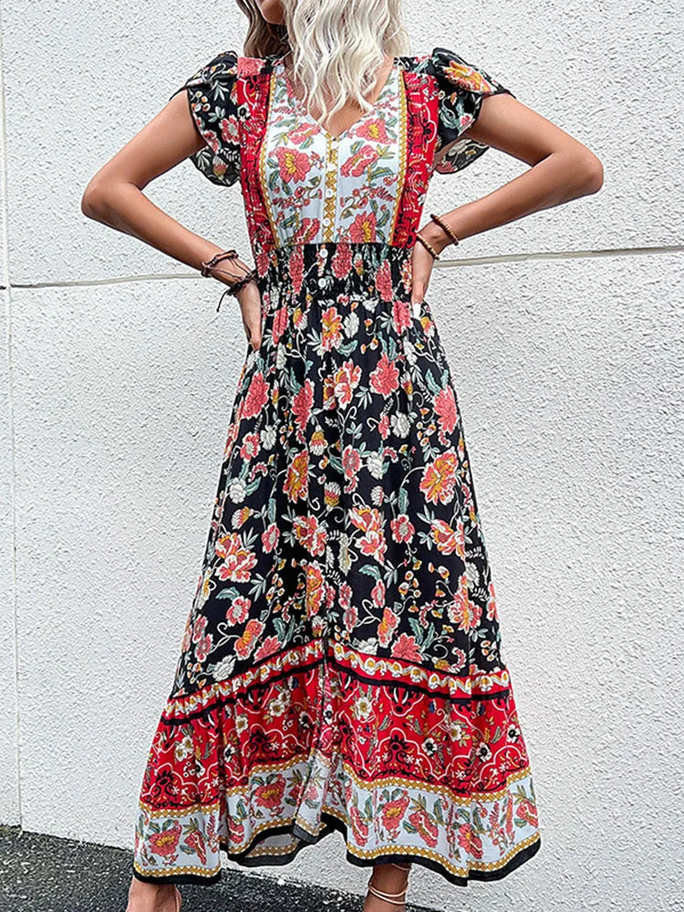 Vintage Floral Boho Printed Vestidos Women Short Sleeves v Neck Slit Midi Dresses a Line Bohemian Summer Beach Dress