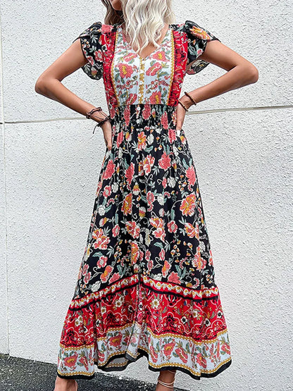 Vintage Floral Boho Printed Vestidos Women Short Sleeves v Neck Slit Midi Dresses a Line Bohemian Summer Beach Dress