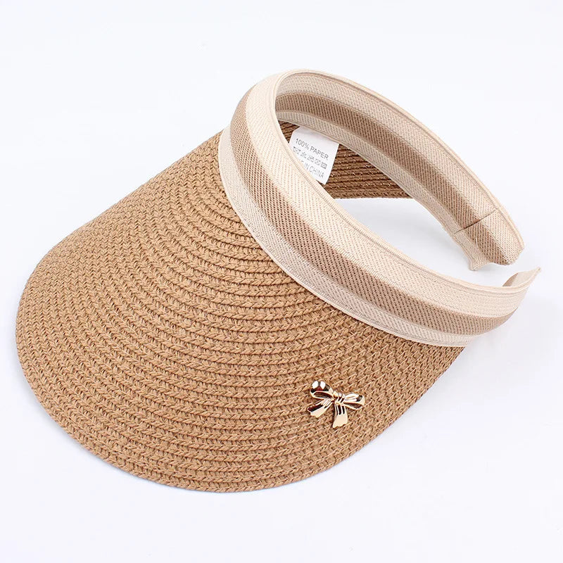 Adult Child Woman's Sun Visor Hats Female Bowknot Visor Caps Hand Made DIY Straw Summer Cap Casual Empty Top Hat Beach