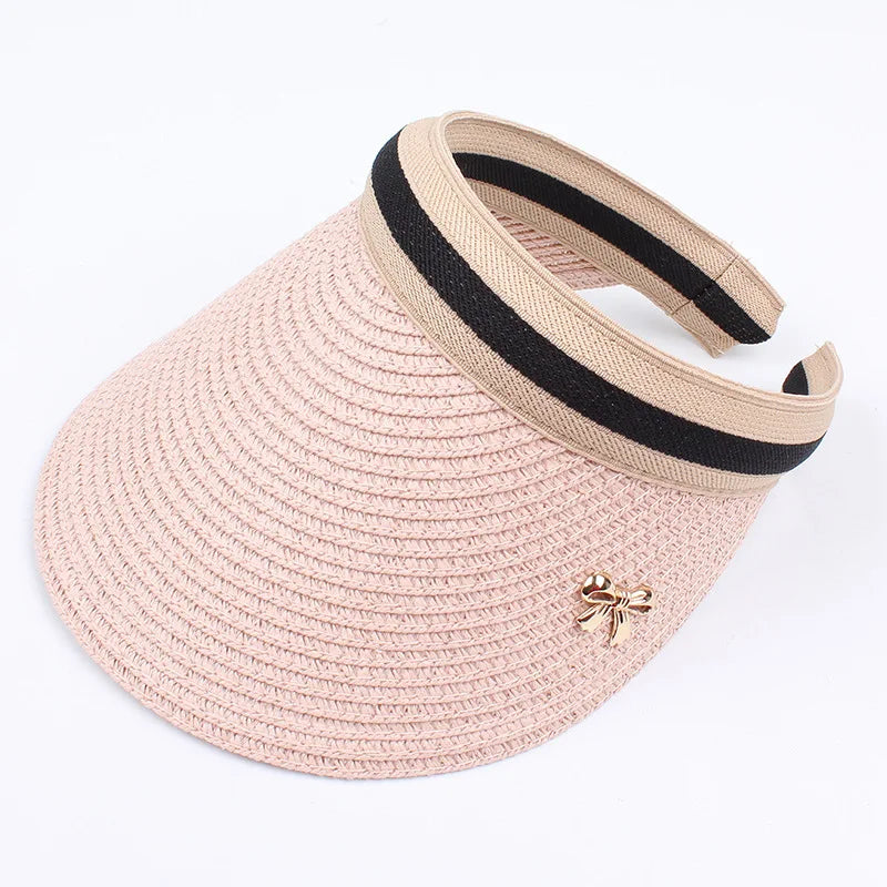 Adult Child Woman's Sun Visor Hats Female Bowknot Visor Caps Hand Made DIY Straw Summer Cap Casual Empty Top Hat Beach