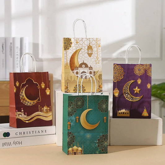 4pcs Eid Mubarak Gift Bags Ramadan Kareem Eid Mubarak Decoration Candy Cookie Packing Pouch Islamic Muslim Party Decor Supplies