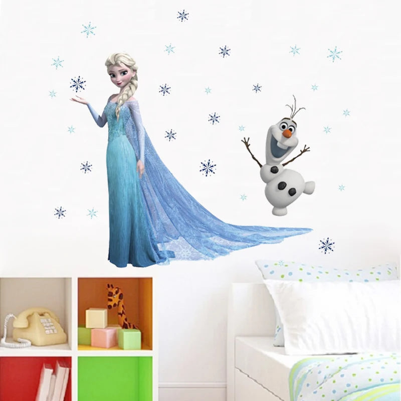 Lovely Olaf Elsa Queen Snowflakes Frozen Wall Sticker for Kids Room Decoration Cartoon Home Decals Anime Mural Art Movie Poster