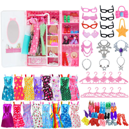 43 Pcs/Set Mix Style Doll Furniture Wardrobe Mini Dress Shoes Glasses Bag Hangers 40 Accessories for Barbie Doll Kids Gift Toys