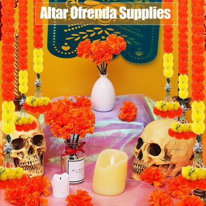 5-30pcs Marigold Flower Garland for Decoration 5 Ft Artificial Flower Garland Pooja, Diwali,Mexican Party ,Day of the Dead Decor