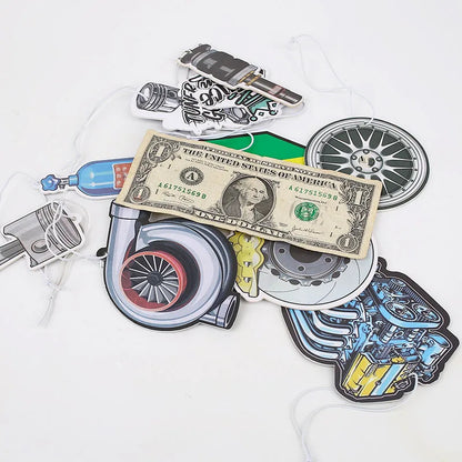 JDM Style Car Rear View Mirrow Pendent Air Freshener Solid Paper Piston Brake Wheel Rim Shock Absorber