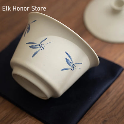 Hand Painted Butterfly Orchid Travel Kung Fu Tea Set Carrying Bag Bowl 2 Cups Kettle Gift Teacup Tea Set Ceramic Gaiwan Strainer