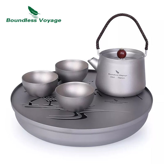 Boundless Voyage Tea Pot Cup Chinese Titanium Kung Fu Tea Set Camping Portable Ultralight Landscape Painting Tea Tray and Kettle