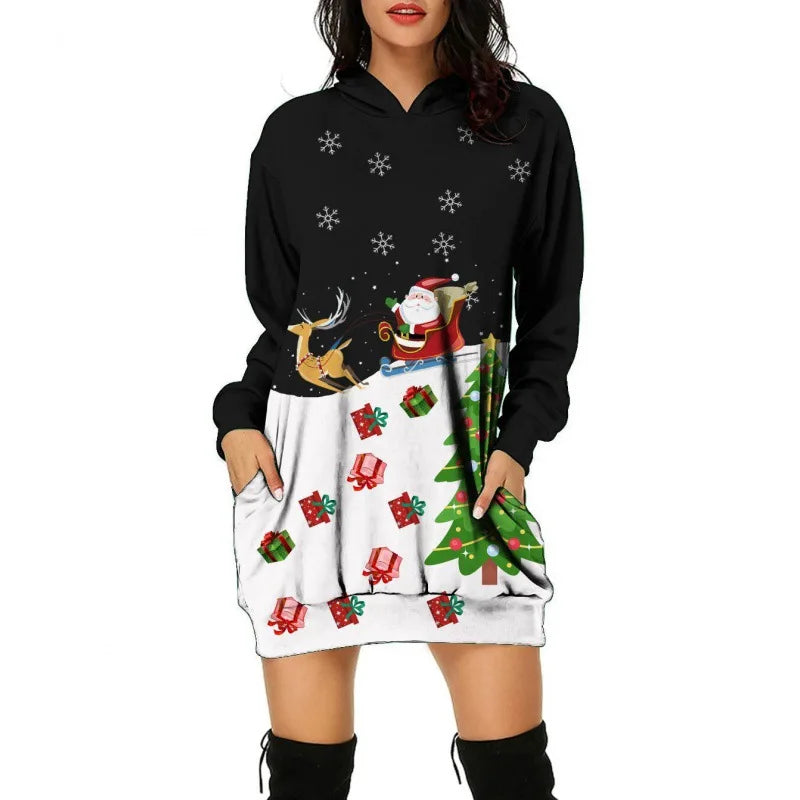 Christmas Tree Print Women Party Knitted Hoodie Dress Women Evening Dress Autumn Fashion Loose Sexy Mini Festival Famale Clothes