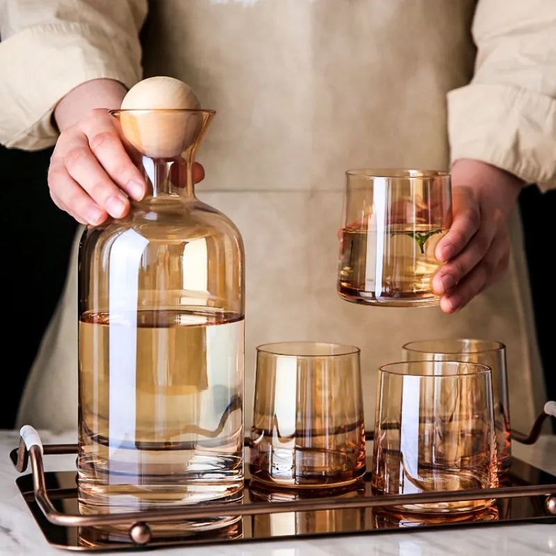 JINYOUJIA-Nordic Glass Carafe Water Pitcher With Wood Lid, Kettle, Drinking Cup, Tea Pot, Juice Jug, Household Drinkware