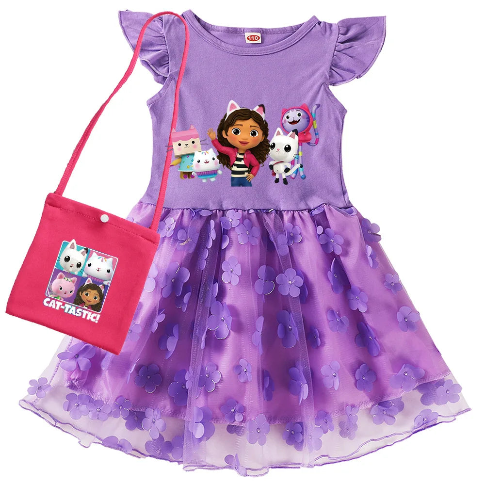 Vestidos Gabbys Dollhouse Clothes Kids Cartoon Gabby Chat Dress Baby Girls Summer Short Sleeve Casual Dresses and Bag & Headband