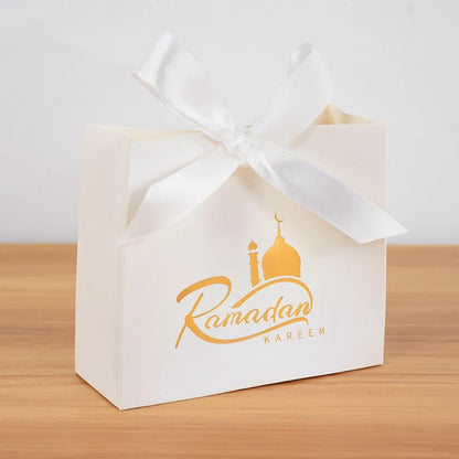 5/10pcs Eid Mubarak White Small Gift Bags With Bow Ribbon Ramadan Kareem Candy Cookie Favor Boxes Muslim Party Packaging Bags