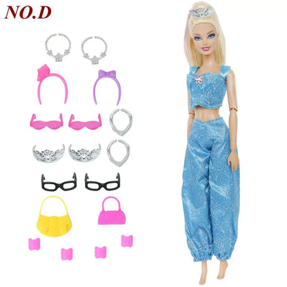14 Pcs / Lot = 1x Fairy Tale Doll Dress + 13x Random Accessories Shoes Handbag Glasses Clothes for Barbie Doll Girl Baby Toys