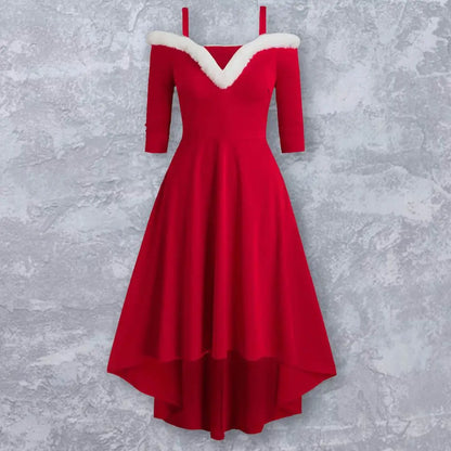 Women Dress Faux Fur Collar Sling Off Shoulder v Neck Long Sleeves Christmas Dress High Low Hem Midi Dress for Christmas