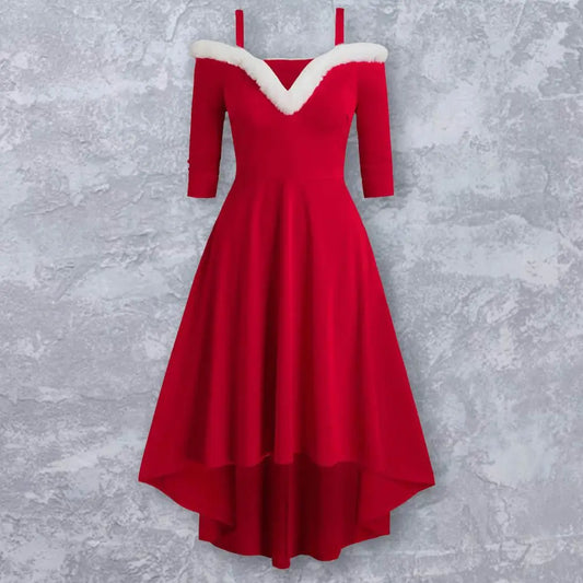 Women Dress Faux Fur Collar Sling Off Shoulder v Neck Long Sleeves Christmas Dress High Low Hem Midi Dress for Christmas