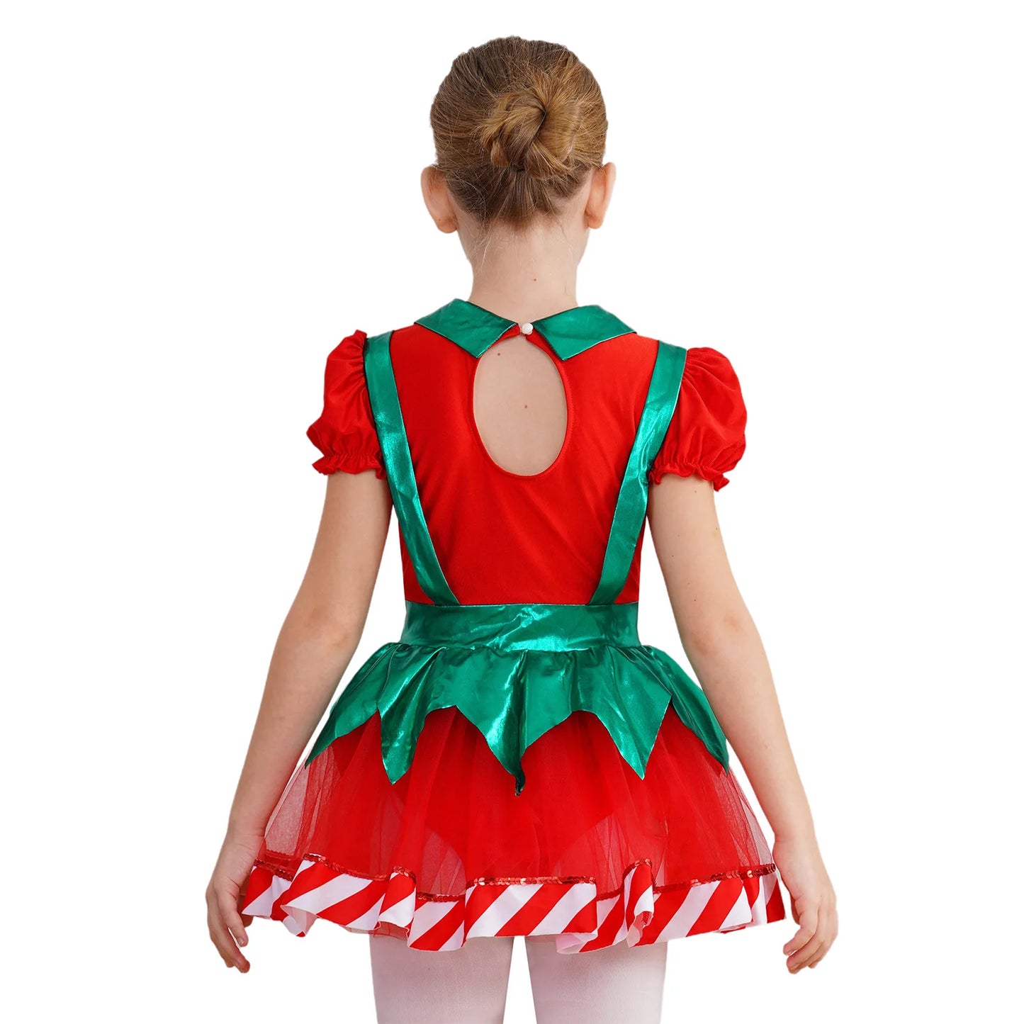 Kids Girls Christmas Elf Dance Costume Puff Sleeve Stripes Tutu Dress Ballet Skating Leotard for Xmas Festival Carnival Party
