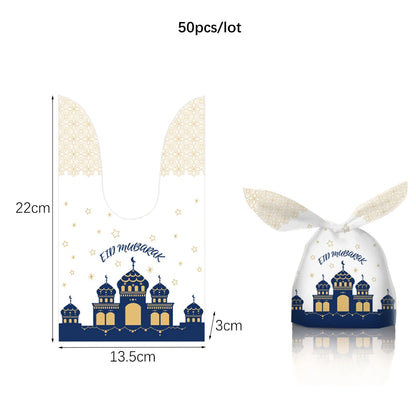 50Pcs Eid Mubarak Gift Bags Eid Mubarak Candy Cookie Bags Pouch Eid Mubarak Decoration 2024 Plastic Eid Gift Packaging Supplies