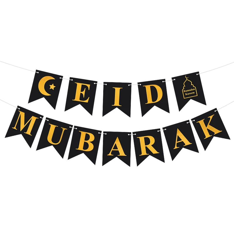 EID Mubarak Banner Glitter Star Moon Letter Paper Bunting Garland Islamic Muslim Party Ramadan Kareem Decorations for Home 2024