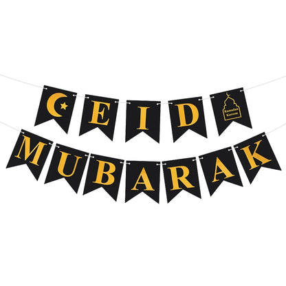 EID Mubarak Banner Glitter Star Moon Letter Paper Bunting Garland Islamic Muslim Party Ramadan Kareem Decorations for Home 2024