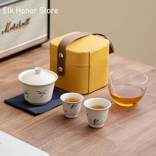 Hand Painted Butterfly Orchid Travel Kung Fu Tea Set Carrying Bag Bowl 2 Cups Kettle Gift Teacup Tea Set Ceramic Gaiwan Strainer