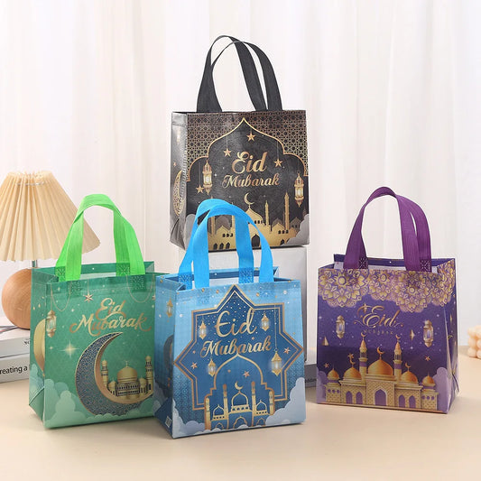 4Pcs Eid Mubarak Gift Bag Ramadan Kareem Nonwoven Pouch Cookie Candy Packaging Bags Muslim Islamic Ramadan Party Decor Supplies