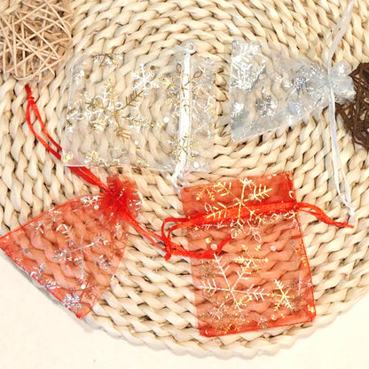 25/50/100pcs Hot Printing Organza Gift Bag for Jewelry Snowflake Drawstring Pouches for Wedding Christmas Party Candy Packing