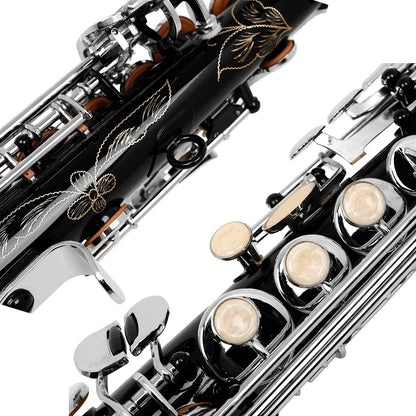 SLADE Black Soprano Saxophone Standard Bb Straight Soprano Saxophone Brass Body Carved White Shell Keys Sax With  Strap Gloves