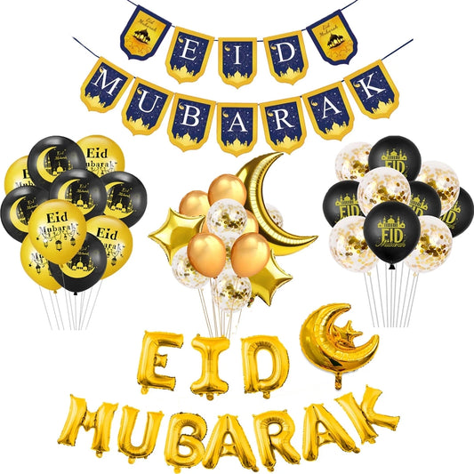 Eid Mubarak Banner Bunting Balloons Plates Tablecloth Kareem Ramadan Decoration for Home 2024  Muslim Islamic Party Supplies