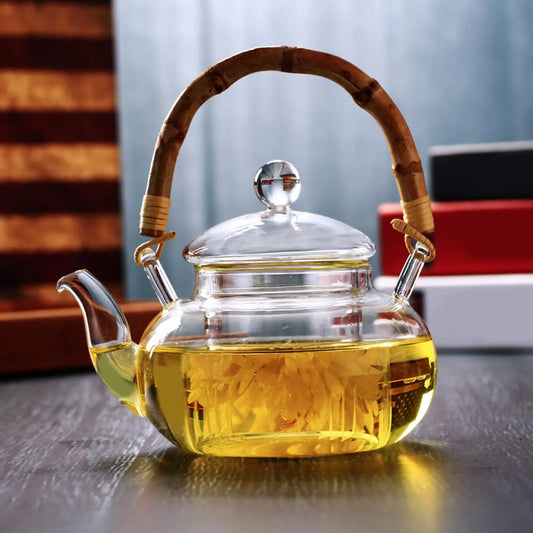 Glass Teapot With Infuser Tea Kettle Wood Handle Water Pitcher for Loose Leaf Juice Milk