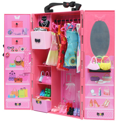 43 Pcs/Set Mix Style Doll Furniture Wardrobe Mini Dress Shoes Glasses Bag Hangers 40 Accessories for Barbie Doll Kids Gift Toys