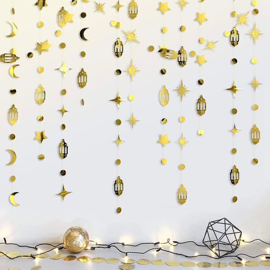 4M Eid Mubarak Banner Gold Silver Star Moon Paper Bunting Garland Ramadan Kareem Decoration Home Islamic Muslim Party Supplies