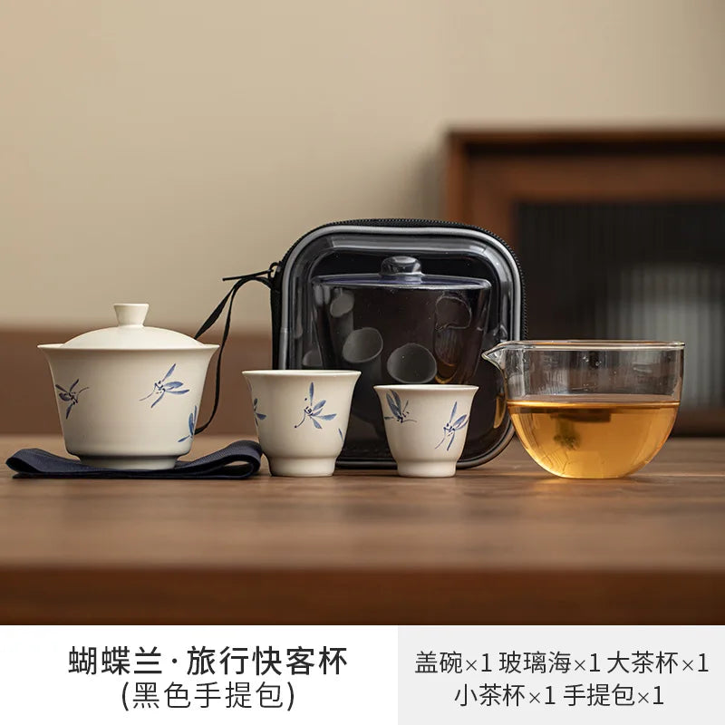 Hand Painted Butterfly Orchid Travel Kung Fu Tea Set Carrying Bag Bowl 2 Cups Kettle Gift Teacup Tea Set Ceramic Gaiwan Strainer