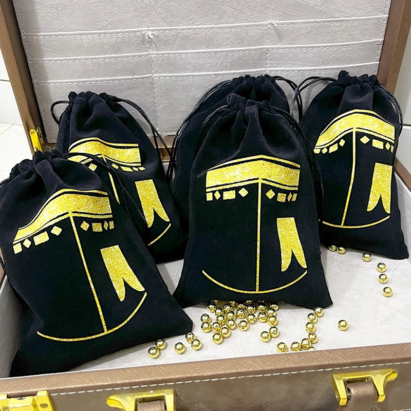 5pcs Black Kaaba Velvet Gift Bags Hajj Mubarak Umrah Mubarak Muslim Islamic Ramadan Kareem Happy Eid Al Adha Decoration  Present