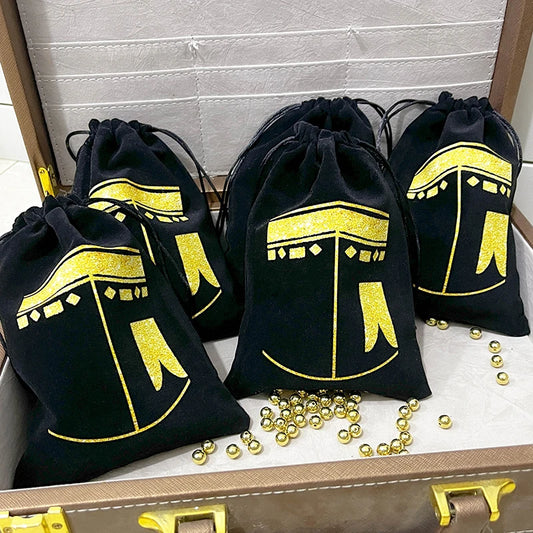 5pcs Black Kaaba Velvet Gift Bags Hajj Mubarak Umrah Mubarak Muslim Islamic Ramadan Kareem Happy Eid Al Adha Decoration  Present