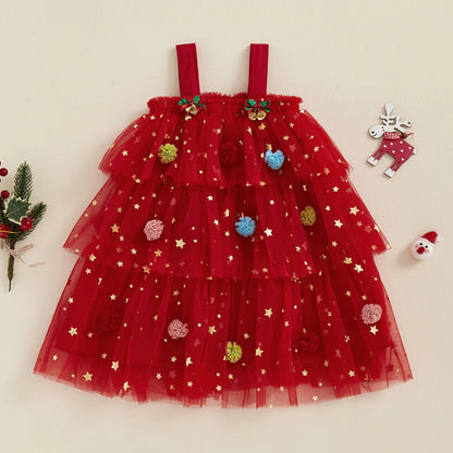 FOCUSNORM 1-9y 2 Colors Little Girls Christmas Dress Strap Sleeveless Star Print Lace Layered Tulle Sundress With Plush Ball Hat