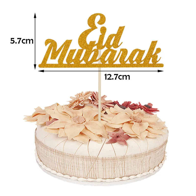 1PC Gold Sparkling Eid Mubarak Cake Topper Ramadan Cupcake Decor Ramadan Decoration 2024 Islamic Muslim Party Cake Decor