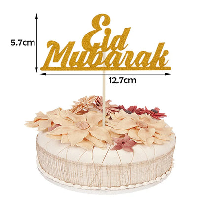 1PC Gold Sparkling Eid Mubarak Cake Topper Ramadan Cupcake Decor Ramadan Decoration 2024 Islamic Muslim Party Cake Decor