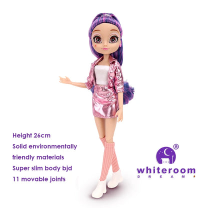 Slim 26cm Bjd Doll for Girl Purple Hair Big Eyes Fashion Princess Clothes Suit Accessories Decoration Eyelash Solid Doll Gift