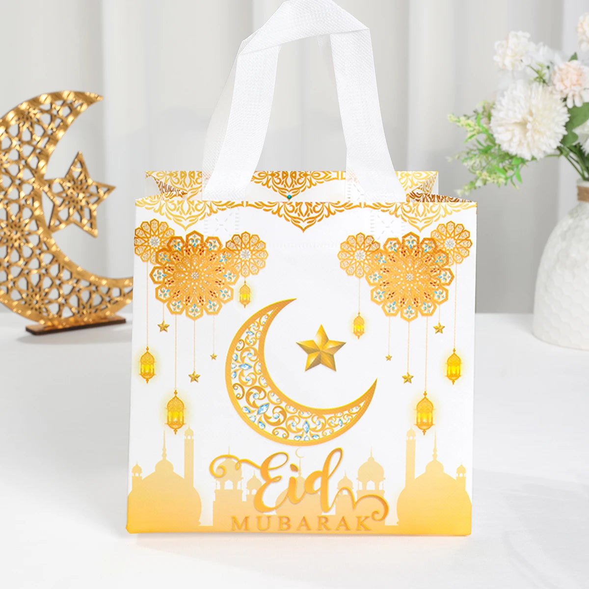 4Pcs Eid Mubarak Gift Bag Ramadan Kareem Nonwoven Pouch Cookie Candy Packaging Bags Muslim Islamic Ramadan Party Decor Supplies