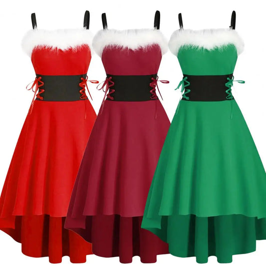 Christmas Dress Off Shoulder Contrast Color Large Hem Patchwork Dress Autumn Winter  High Low Dress Festival Xmas Dresses