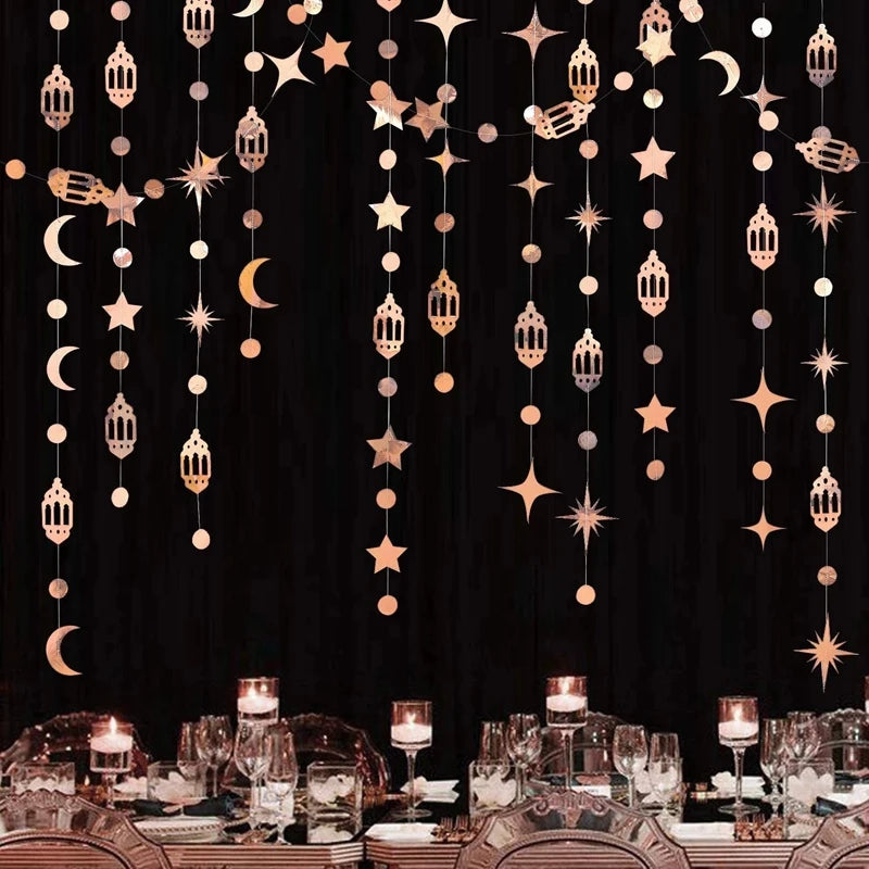 4M Eid Mubarak Banner Gold Silver Star Moon Paper Bunting Garland Ramadan Kareem Decoration Home Islamic Muslim Party Supplies