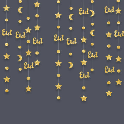 4M Ramadan Decoration 2024 Gold Moon Star Lamp Hanging Garland Ornament EID Mubarak Muslim Mubarak Party Supplies Eid Al-Fitr