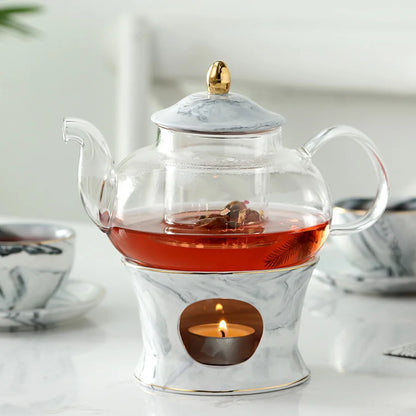 MUZITY Glass Teapot With Ceramic Base Creative Marble Design Tea Pot Tool Kettle Set With Strainer and Candle
