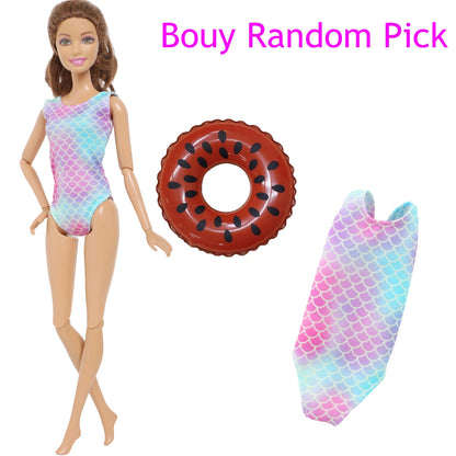 1x Doll Swimwear Beach Bathing Clothes Lovely Bikini Swimsuit + Random 1x Swimming Buoy Lifebelt Ring for Barbie Doll Baby Toys